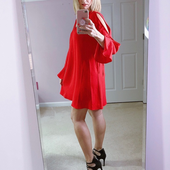 Design Lab Red Slit Long Sleeved Mini Dress Small - Picture 6 of 12